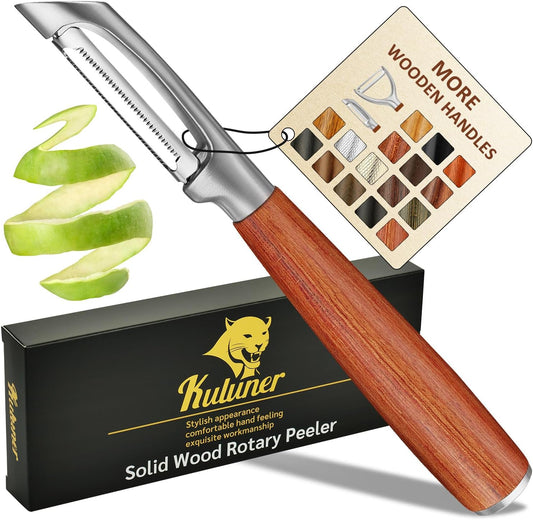 KULUNER，Premium High-End Rosewood Handle and 304 Stainless Steel Serrated Blade - An Ultra-Sharp Rotating Peeler for Potatoes, Fruits, and Vegetables, Ergonomically Designed for Easy Peeling.