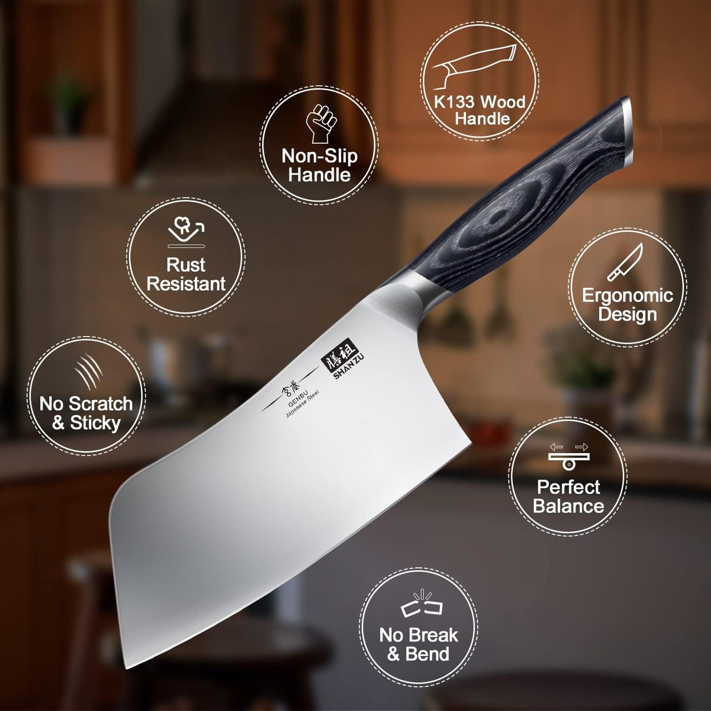 SHAN ZU 7 Inch Chef Knife, Sharp Meat Cleaver Knife Vegetable Chopper Professional Japanese High Carbon Stainless Steel Kitchen Chopping Knife with K133 Wood Handle, Black Tortoise Genbu Series
