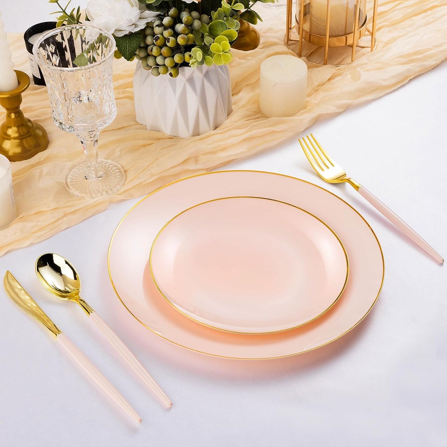 100PCS Pink Gold Plastic Plates, Pink Disposable Plates for Party, Wedding and Graduation, Include 50 Dinner Plates, 50 Dessert Plates for 50 Guests