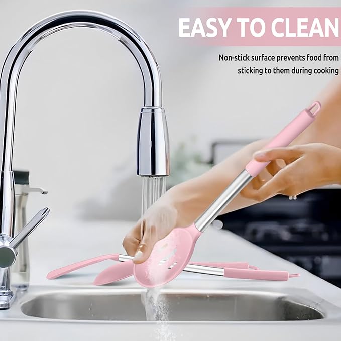 E-far Cooking Utensils Set of 4, Silicone Kitchen Utensils for Non-stick Cookware, Heat Resistant & Non-toxic Slotted Spatula Solid Spoon Turner for Flipping Mixing Serving Basting(Pink)