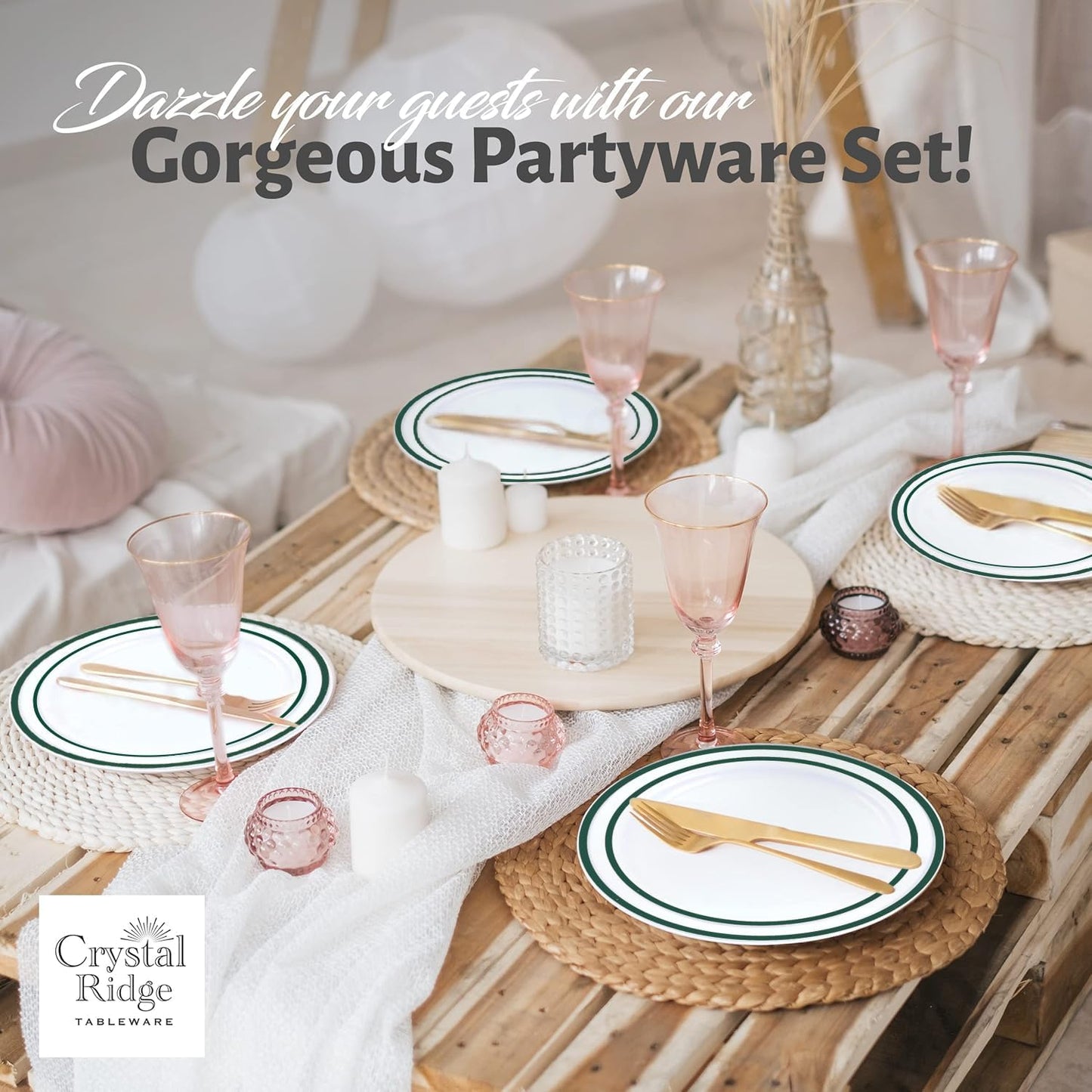 60 Pieces White Plastic Disposable Plates - Premium Heavy-Duty 30 Dinner Plates & 30 Salad Plates with Hunter Green Rim Ideal for Party, Birthday and Special Events