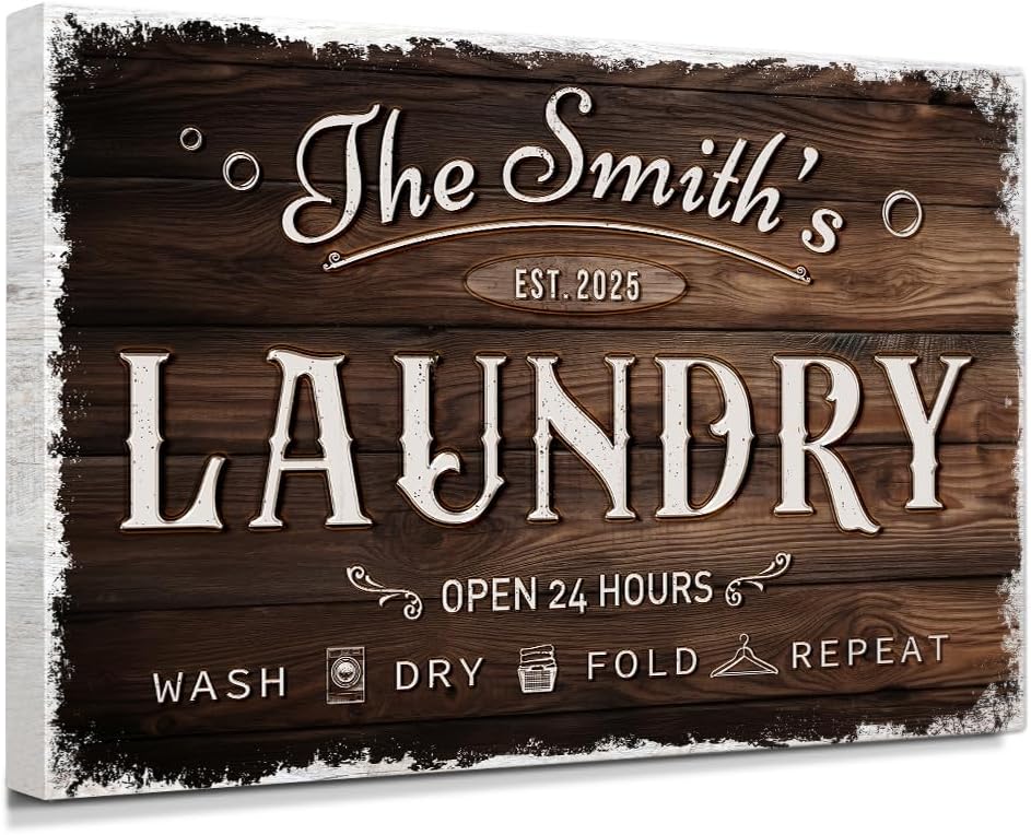 IPIC - Personalized Laundry Room Sign, Custom Canvas Wall Art with Family Name, Rustic Home Decor Printed Acid-Free Cotton Canvas for Business and Home, Made in USA and Ready to hang for Laundry Decor