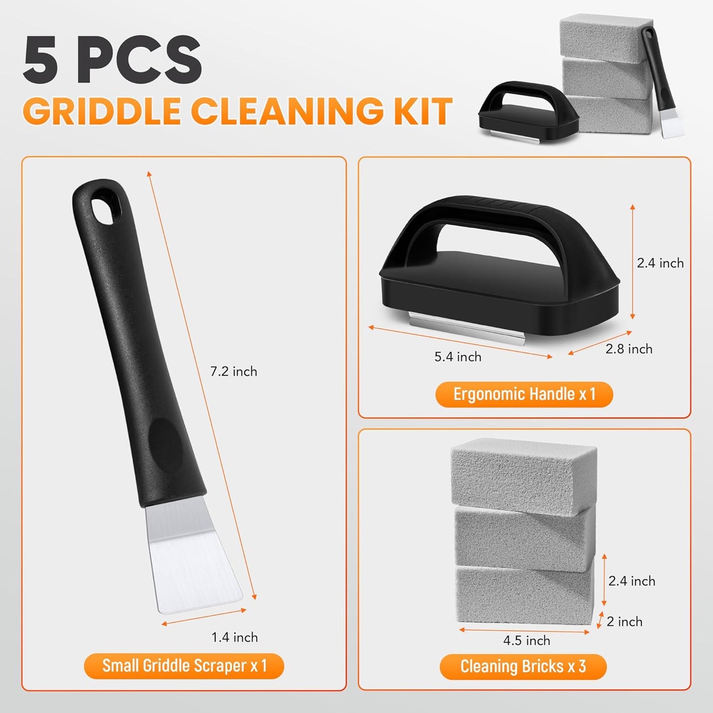 Grill Brick for Cleaning Flat Top, Heavy Duty Grill Stone Cleaning Block with Handle & Scraper, Griddle Cleaner, Pumice Stone for Removing Stubborn Grease, Rust (5 PCS)