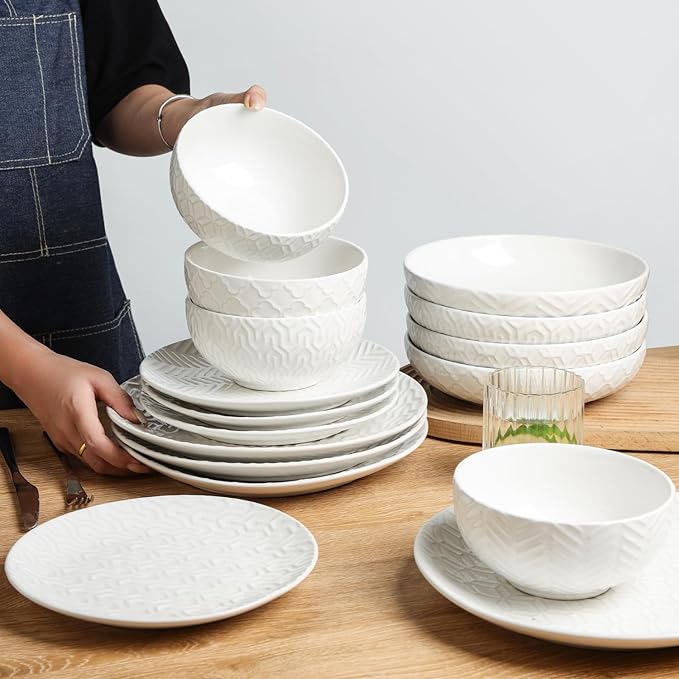 Sureasy 32 Pieces Dinnerware Sets for 8, Ceramic Plates and Bowls Sets, Embossed Scratch Resistant Dinner Set, Dishwasher & Microwave Safe, White