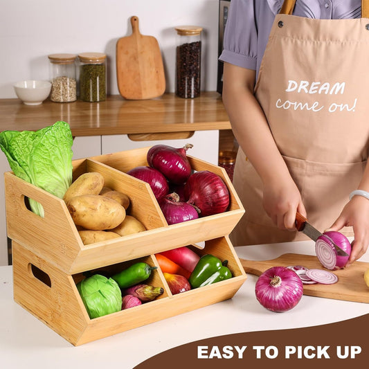 2 Set Bamboo Storage Bins, Pantry Organizers and Storage, Kitchen Countertop Organization and Storage Basket for Produce, Onions, Potatoes, Garlic, Fruits, Vegetable and Bread