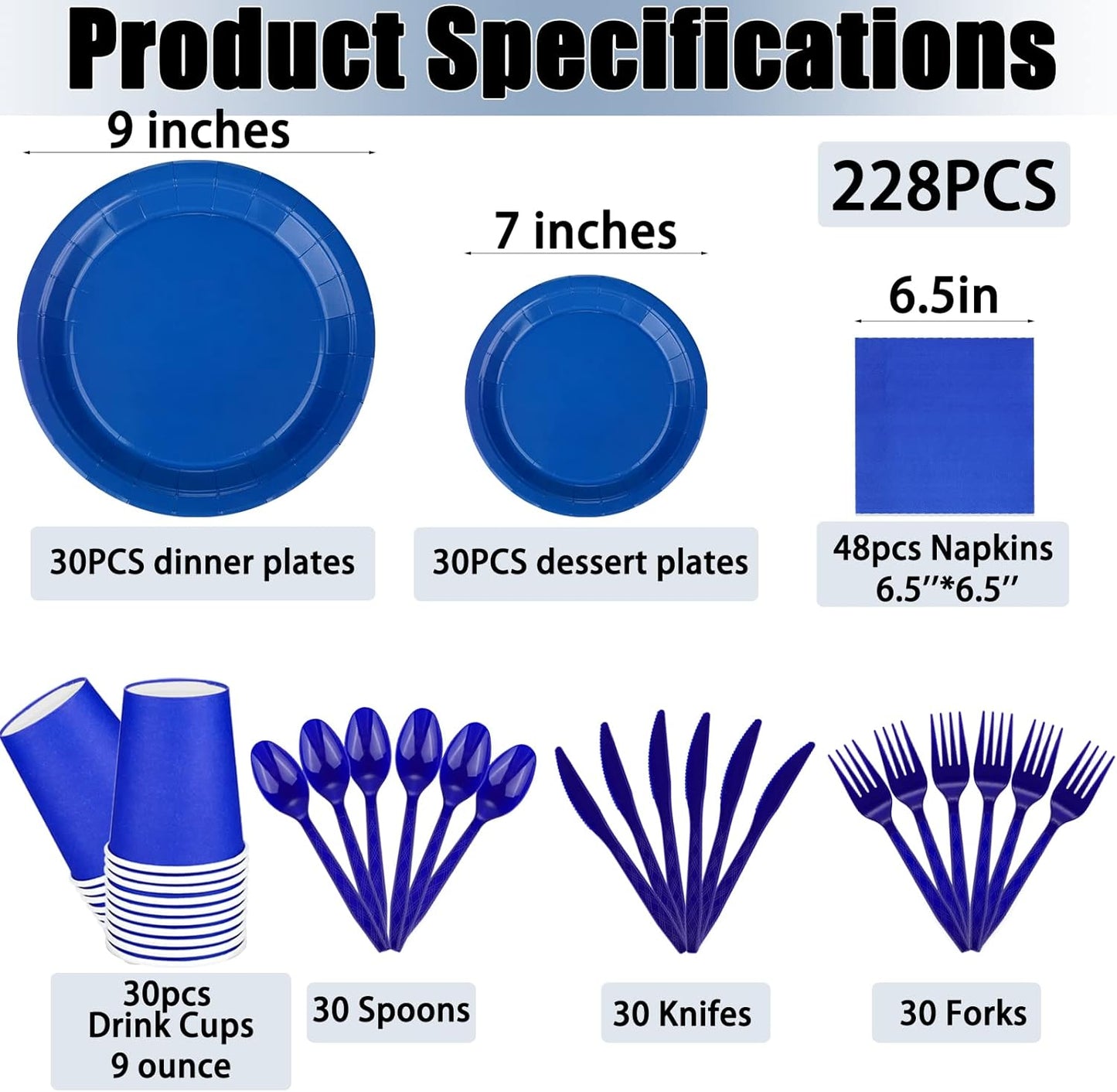 TWOWYHI 228PCS Blue Party Supplies Set Include Paper Plates Cups Blue Napkins Plastic Spoons Forks Knives for 30 Guests Disposable Party Dinnerware for Birthday Wedding Family Picnic
