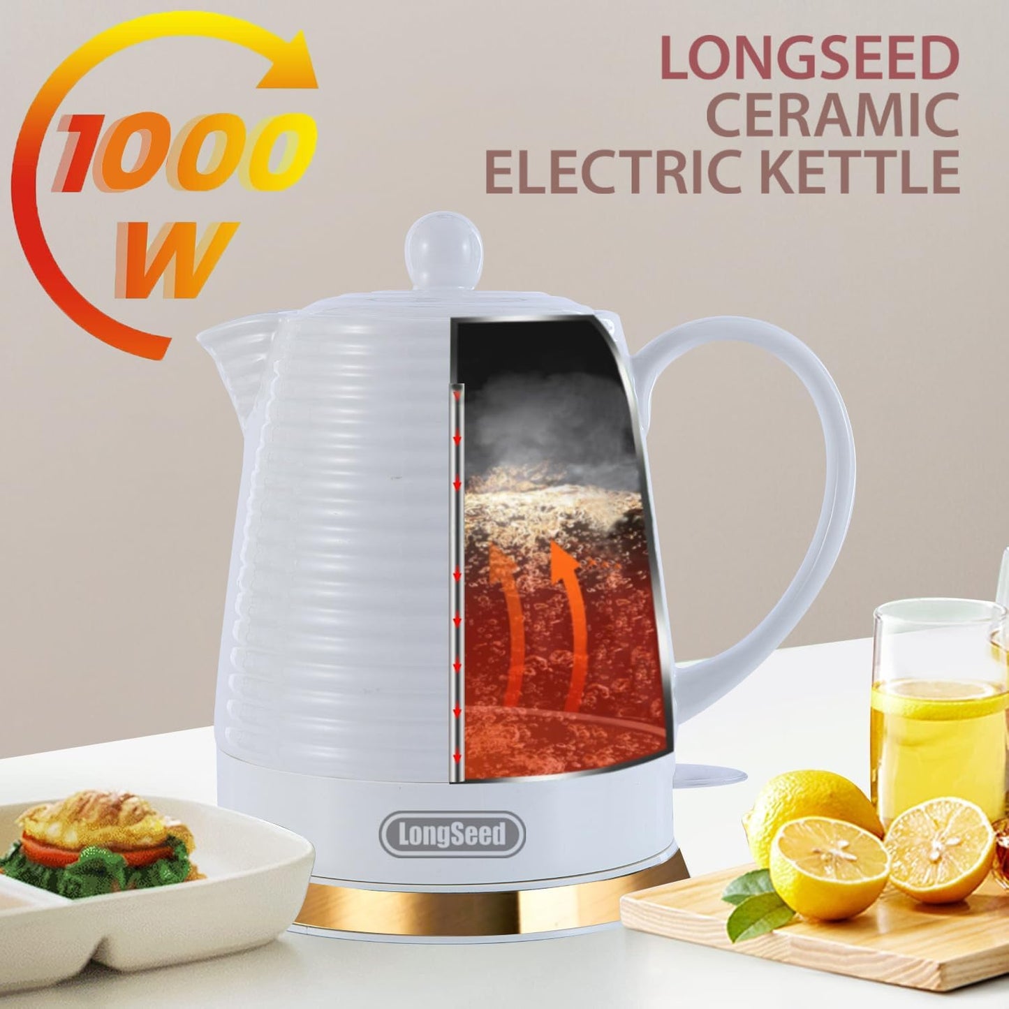 1.26 Quarts Ceramic Electric Kettle with Infuser & Cups Kit, Boil Water Teapot, Boil-Dry Protection Auto Shut-off, Detachable Swivel Base, 1000W Fast Boiling for Tea and Coffee
