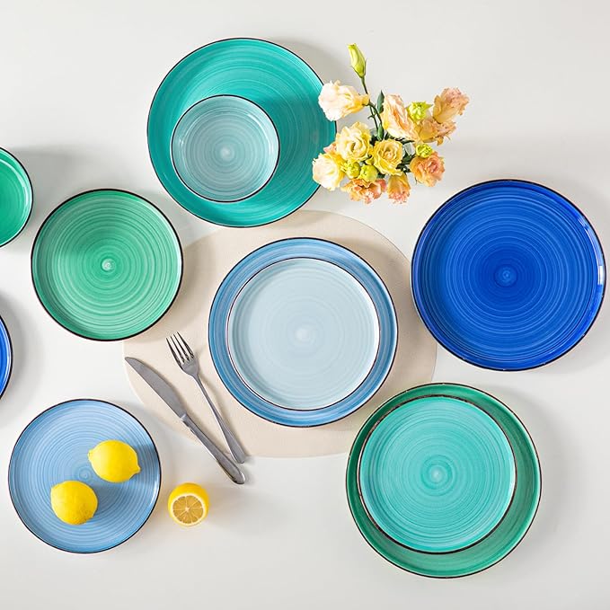 vancasso Bonita Dinnerware Sets 18 Pieces, Blue Stoneware Dishes Set for 6, Plates Set and Bowls Sets, Dishwasher and Microwave Safe