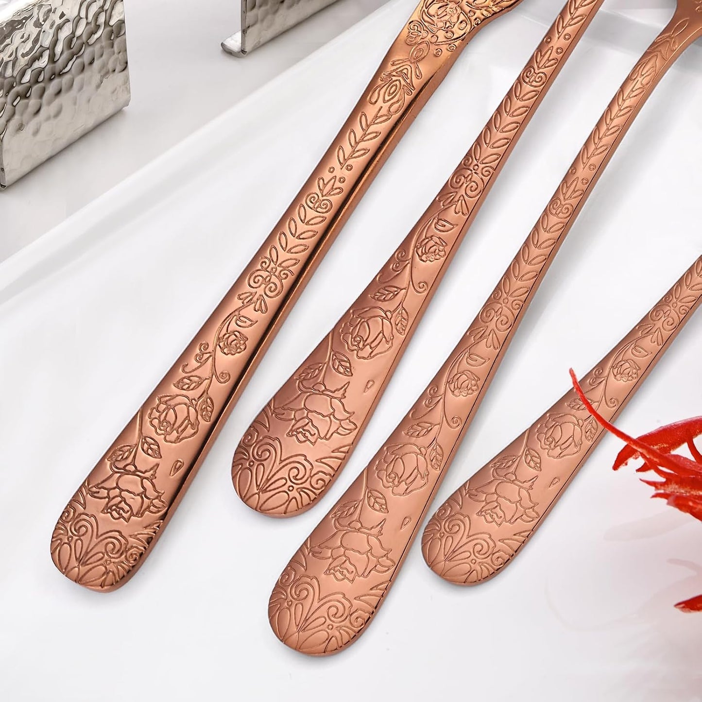 Vintage Flatware Copper/Rose Gold Floral Silverware 30 Piece Stainless Steel Set for 6 Cutlery Utensils Unique Embossed Pattern Design Elegant Home Kitchen Restaurant Festival Parties…