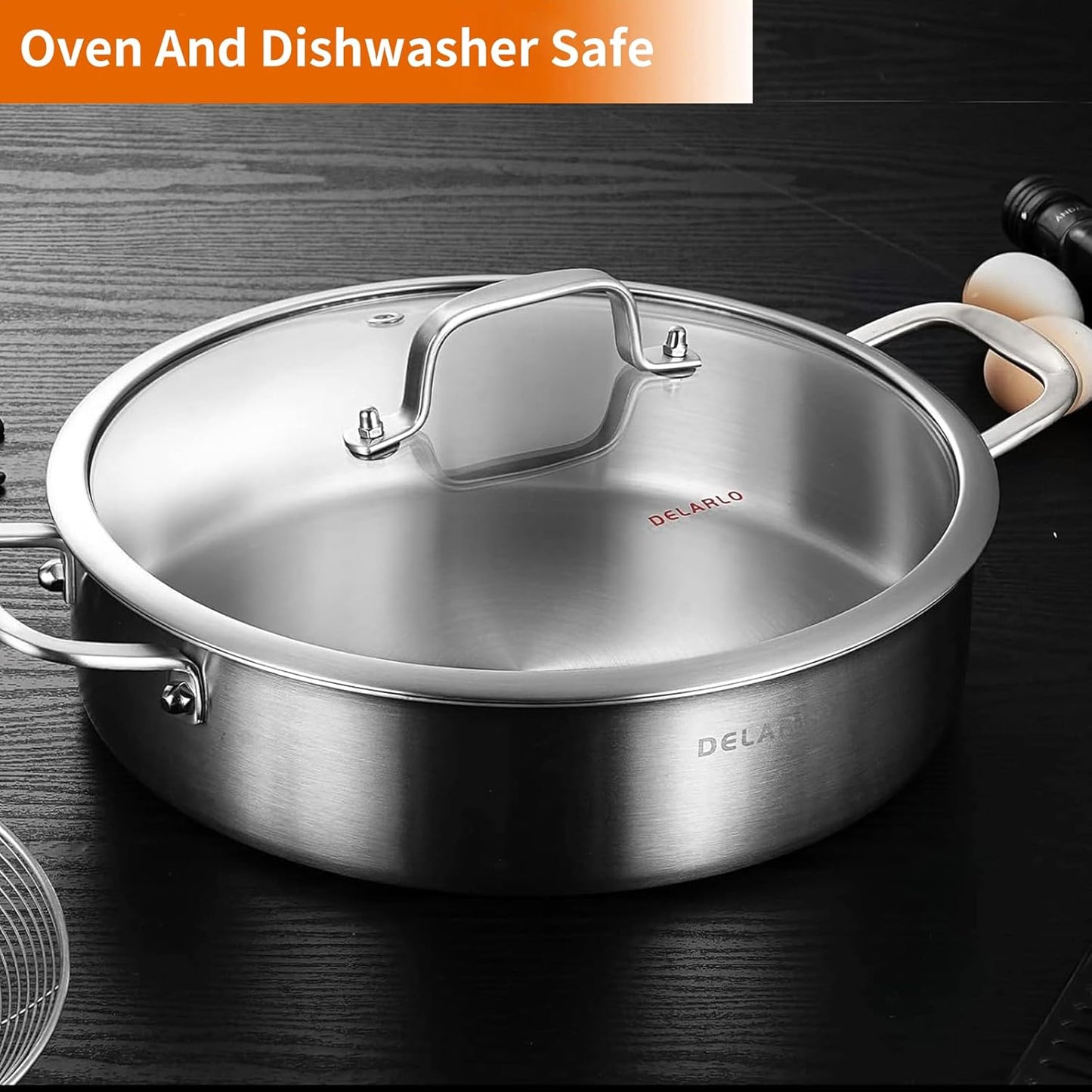 DELARLO Stainless Steel Pans,6QT Saute Pan,12 inch Everyday Pan with Lid,Dishwasher-Friendly Braiser,Stay-Cool Handles,Oven-Safe Up to 660℉