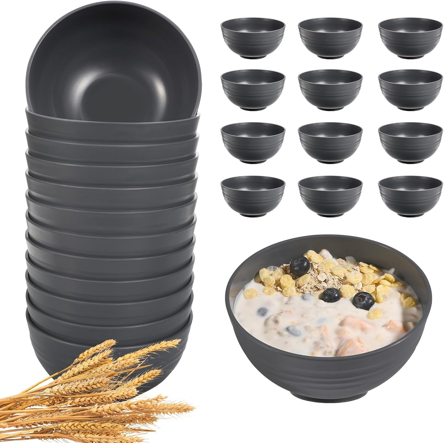 12 Pcs Unbreakable Cereal Bowls Set, 26 Oz Wheat Straw Bowls Set, Microwave & Dishwasher Safe Bowls for Kitchen, Reusable Plastic Bowls for Soup, Salad and Snack, BPA Free, Dark Gray