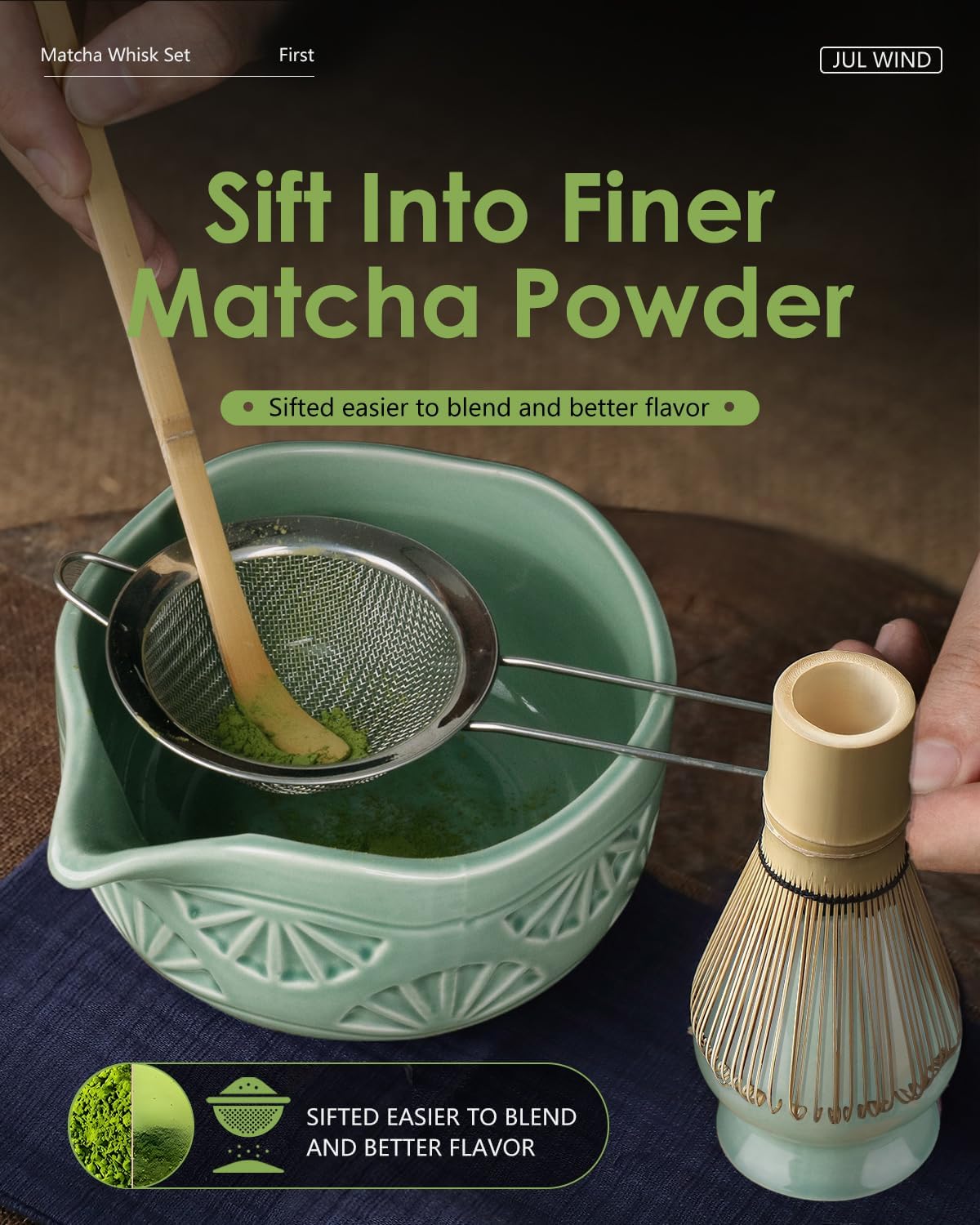 Matcha Whisk Set, Ceramic Matcha Set Includes Matcha Bowl with Spout, Matcha Whisk and Holder, Bamboo Scoop, Sifter and Tea Towel - 6 Pcs Matcha Kit Gift for Matcha Lovers (Green)