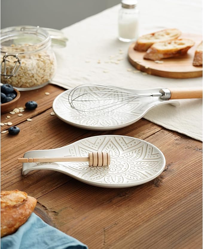 Ceramic Spoon Rest for Stove Top, 7.48 Inches Spoon Holder for Kitchen Counter, Kitchen Counter Decor, Dishwasher Safe, Off-White