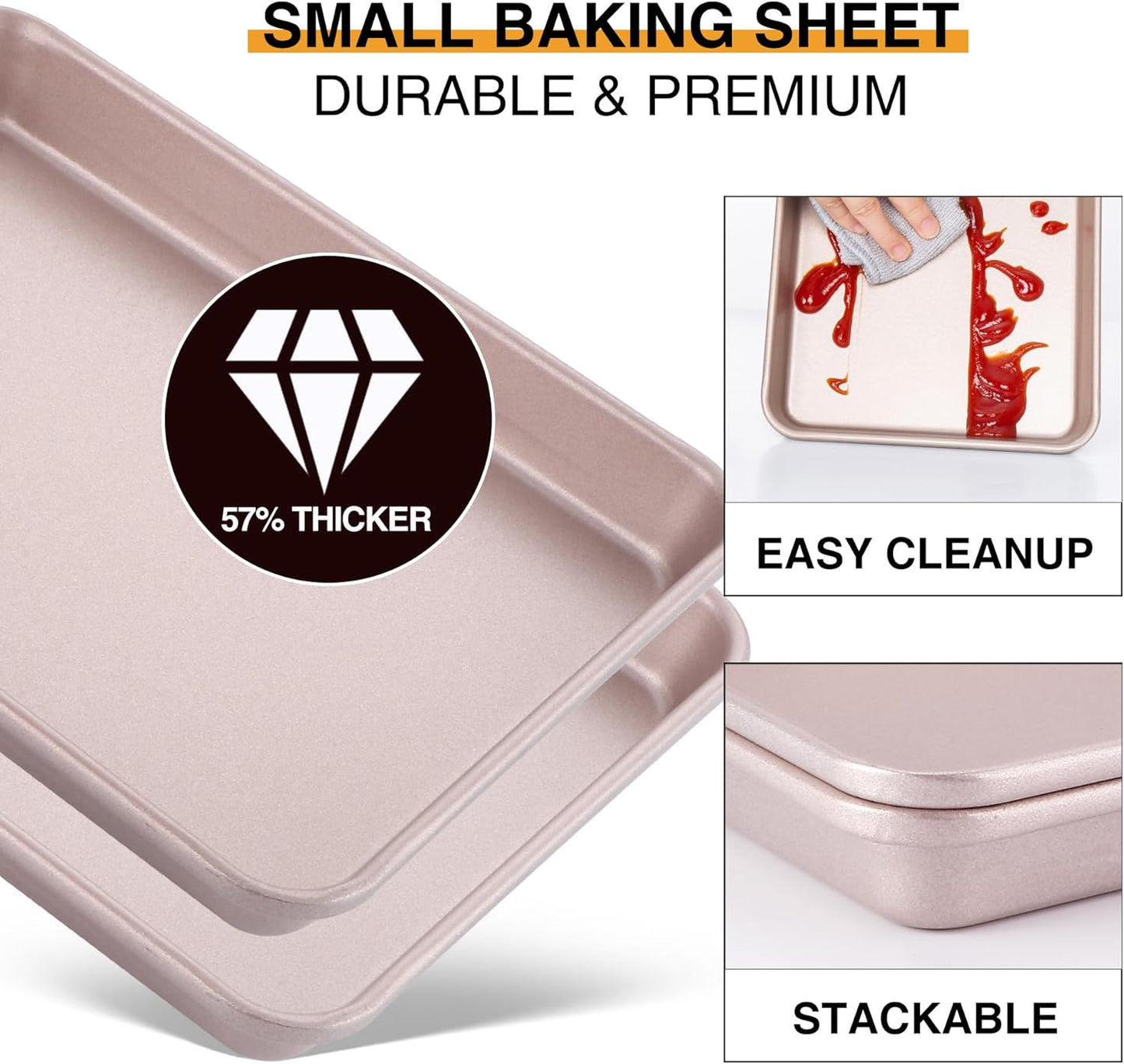 HONGBAKE Toaster Oven Pan Nonstick Set of 2, Premium 1/8 Sheet Pan for Baking, Small Cookie Sheet Tray, Dishwasher Safe and Heavy Duty - Rose Gold