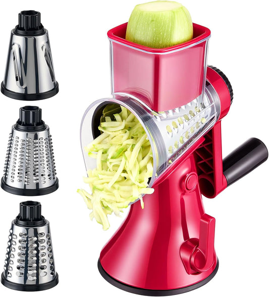 Rotary Cheese Grater & Vegetable Slicer, 3 in 1 Kitchen cheese Shredder Interchangeable Blades with 3 Stainless Steel Blades & Strong Suction Base, Easy Clean Food Grinder for Cheese, for Fruit