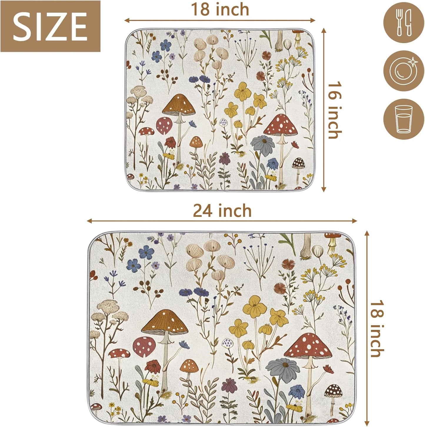 Dish Drying Mat for Kitchen - Cute Mushroom Wild Plant Print Microfiber Kitchen Mat, Non-Slip Absorbent Sink & Countertop Protector, Reusable for Dishes Bowl Cup Pan Large 18x24 Inches