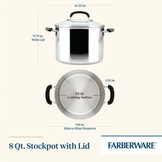 Farberware Brilliance Stainless Steel Stockpot with Glass Lid, 8 Quart, Dishwasher Safe and Induction Ready, Compatible with All Cooktops, Stainless Steel