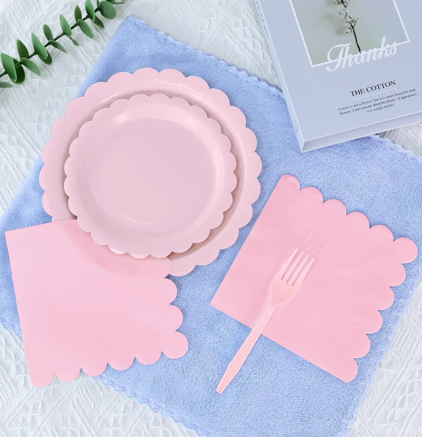 96 Pcs Light Pink Plates and Napkins Party Supplies Serve 24 Guests Including Pink Scalloped Paper Plates and Napkins Plastic Forks for Baby Shower Birthday Party Disposable Dinnerware Set