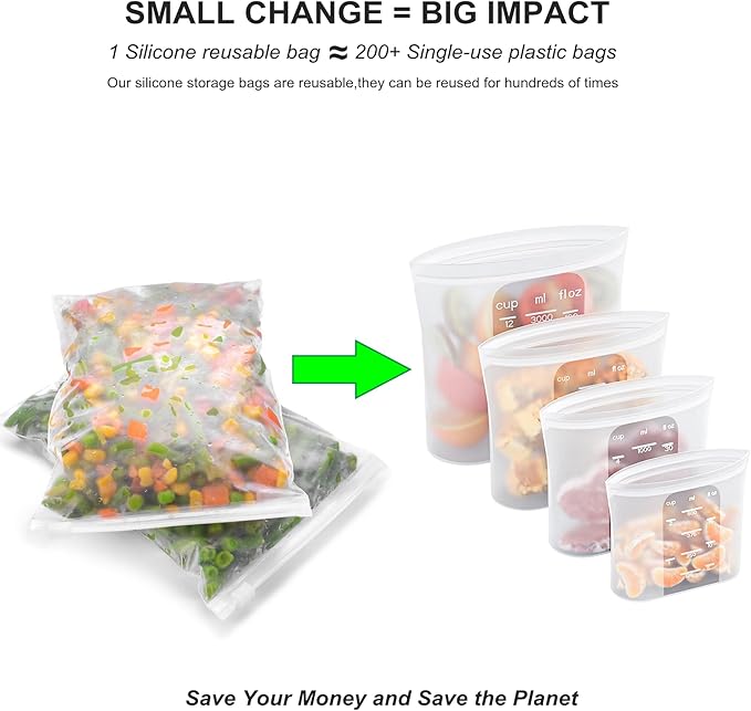 Bangp Premium Silicone Reusable Food Storage Bags,4 Pack(100oz, 50oz, 30oz,15oz),New Generation Stand Up Zip Freezer Bags,Sandwich Snack Bags,Healthy Food Storage Containers,Leak-free,Dishwasher Safe