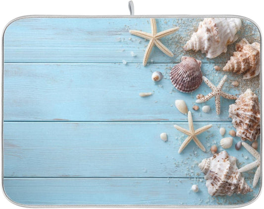 Blue Wooden Seashells and Starfish Dish Drying Mat for Kitchen Counter Super Absorbent Dishes Pad Reversible Microfiber Protector Dish Draining Mats 16x18 inch