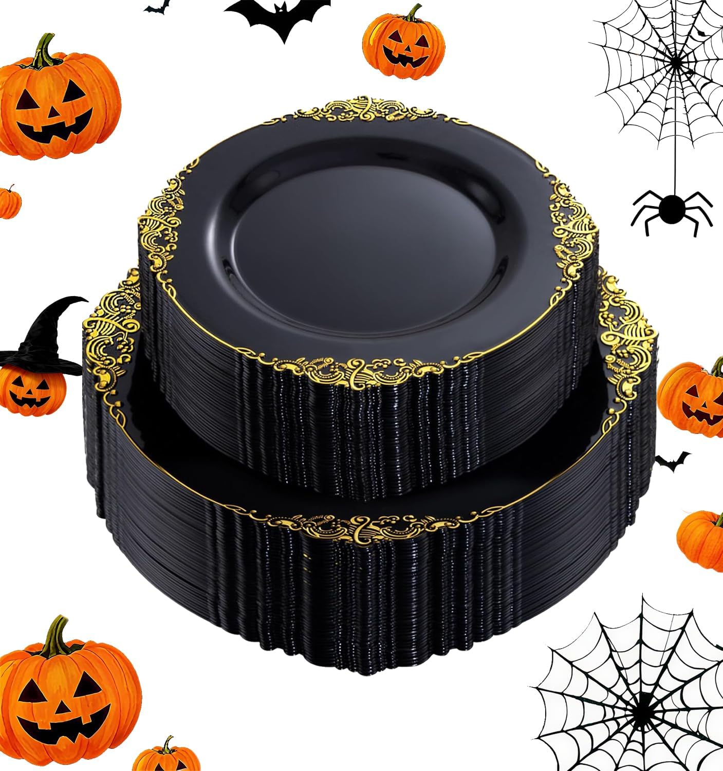 102PCS Black and Gold Plastic Plates - Black Disposable Plates - Heavyweight Disposable Plate with Gold Rim - Fancy Dinner & Dessert Plate for 51 Guests Weddings & Halloween Party