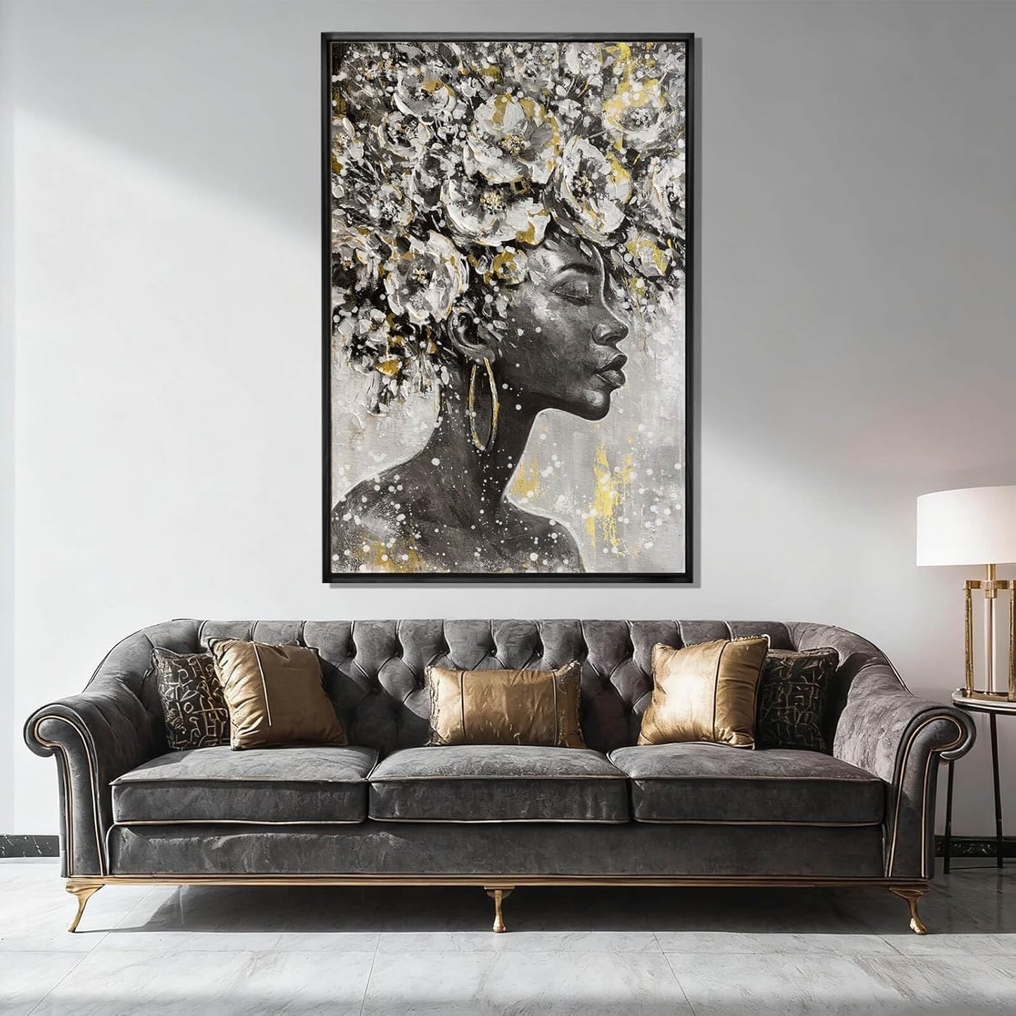 MLART99 Elegant African American Wall Art with Floral Canvas Black Artwork Gold and Black Girl Wall Decor -40x60 Inch Contemporary Print for Living Room Entryway