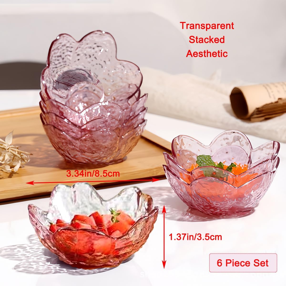 6 Pcs Pink Sakura Sauce Dishes Set, 3.34x1.37 inch Glass Cherry Blossom Dipping Bowls, Small Condiment Dishes for Soy Sauce, Sushi, Ice-Cream,Snacks, and Party Appetizers