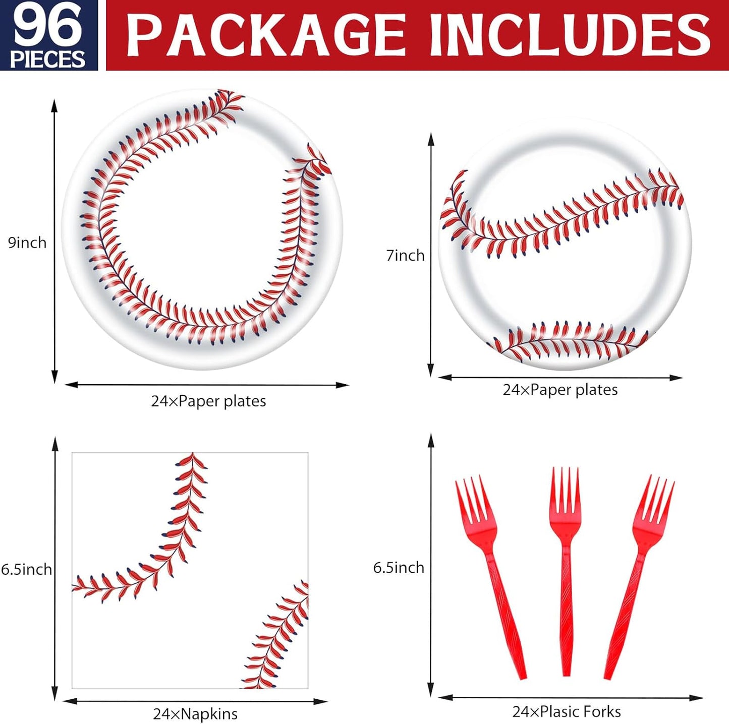 DTDO 96Pcs Baseball Party Supplies Paper Plates Napkins Forks Sport Theme Birthday Party Decorations Gameday Birthday Disposable Dinnerware Tableware for Boys Girls Serves 24