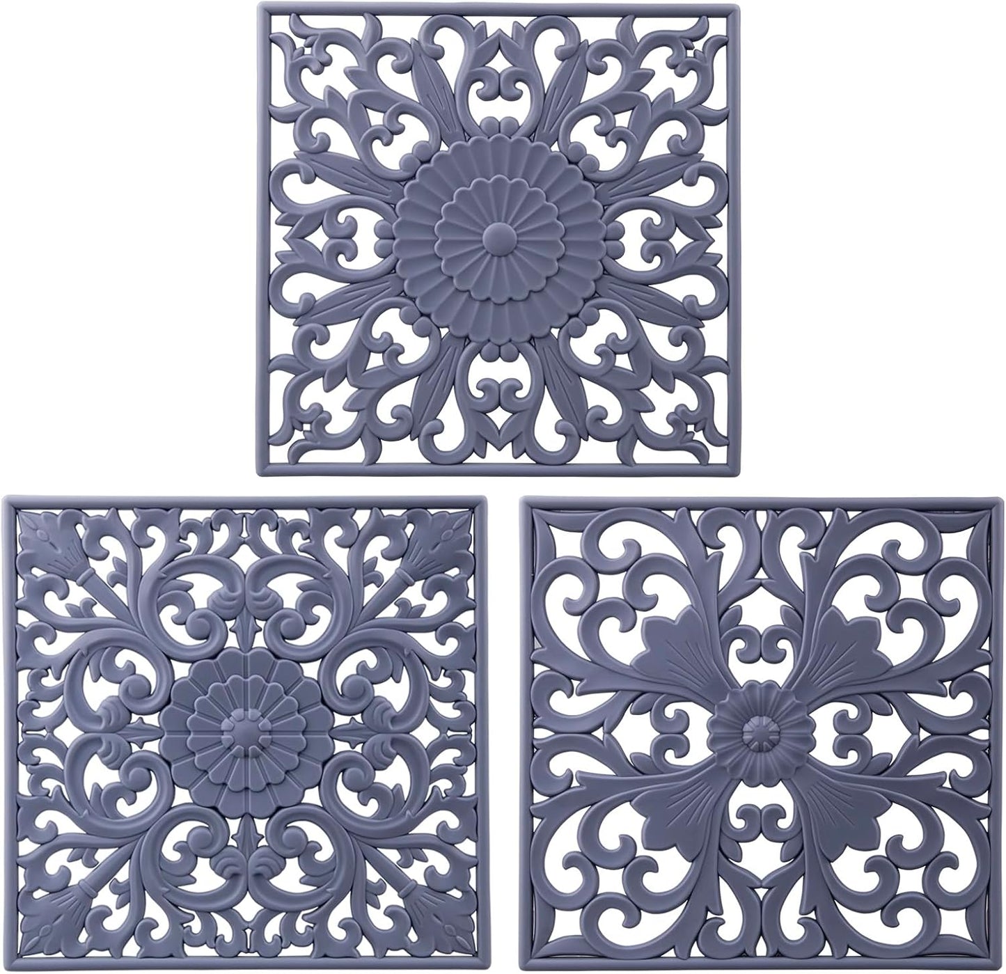 Silicone Trivets for Hot Dishes-Pots&Pans, Multi-Use Carved Trivet Mat, Insulated Silicone Mats, Flexible Square Trivet for Countertop&Tabletop, Pot Holders Hot Pads Set 3 Grey