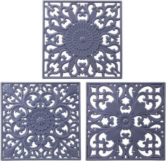 Silicone Trivets for Hot Dishes-Pots&Pans, Multi-Use Carved Trivet Mat, Insulated Silicone Mats, Flexible Square Trivet for Countertop&Tabletop, Pot Holders Hot Pads Set 3 Grey