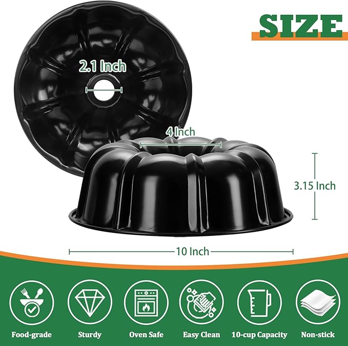 P&P CHEF 10 Inch Black Non-stick Cake Pan, Carbon Steel Fluted Tube Round Baking Pan for Pound Cake, 10-Cup Large Capacity Bakeware, Healthy & Heavy Duty, 2 Pieces