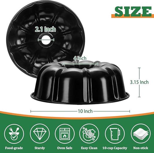 P&P CHEF 10 Inch Black Non-stick Cake Pan, Carbon Steel Fluted Tube Round Baking Pan for Pound Cake, 10-Cup Large Capacity Bakeware, Healthy & Heavy Duty, 2 Pieces