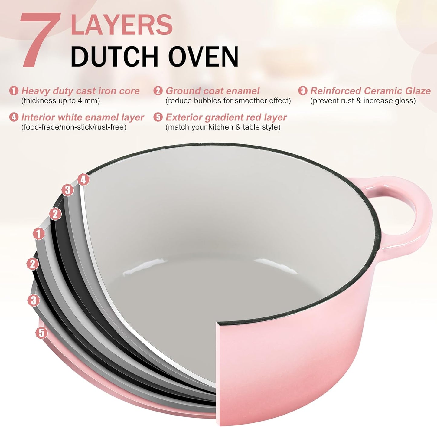 Small 3 Quart Dutch Oven, HaSteeL Round Cast Iron Cooking Pot with Lid, Nonstick Enameled Cookware for Sourdough Bread Baking Roasting Stewing Braising Frying, Heavy Duty & Oven Safe 500℉, Pink