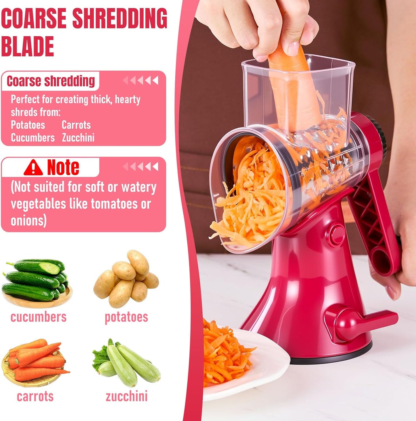 Rotary Cheese Grater & Vegetable Slicer, 3 in 1 Kitchen cheese Shredder Interchangeable Blades with 3 Stainless Steel Blades & Strong Suction Base, Easy Clean Food Grinder for Cheese, for Fruit