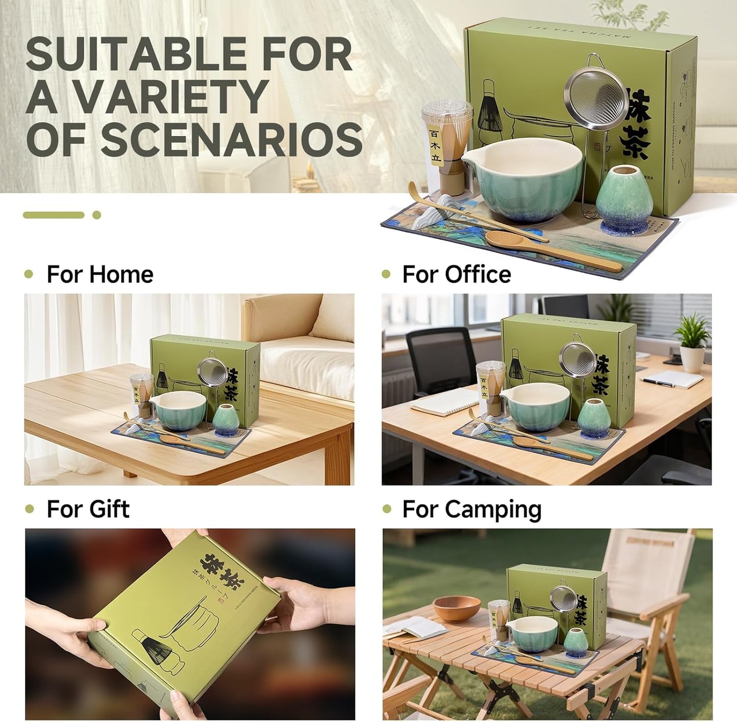 Matcha Whisk Set with Ceramic Bowl - Bamboo Whisk (Chasen), Scoop, Sifter & Holder - Complete Kit for Traditional Matcha Tea - Unique Gifts for Tea Lovers (Kiln-Frost)