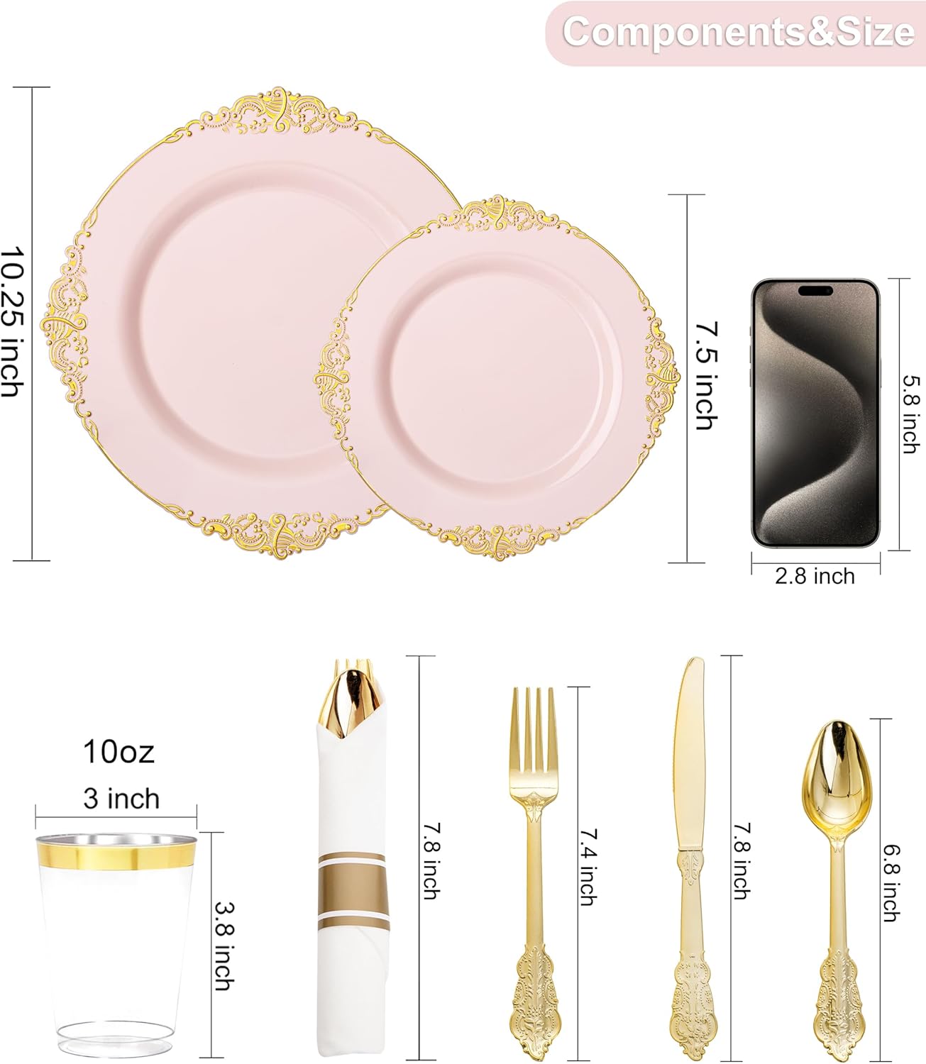 Nervure 700PCS Pink Gold Plastic Plates - Pink Plastic Dinnerware Sets for 100 Guests - 200 Disposable Plates, 300 Silverware, 100 Cups, 100 Napkins for Wedding, Birthday & Party