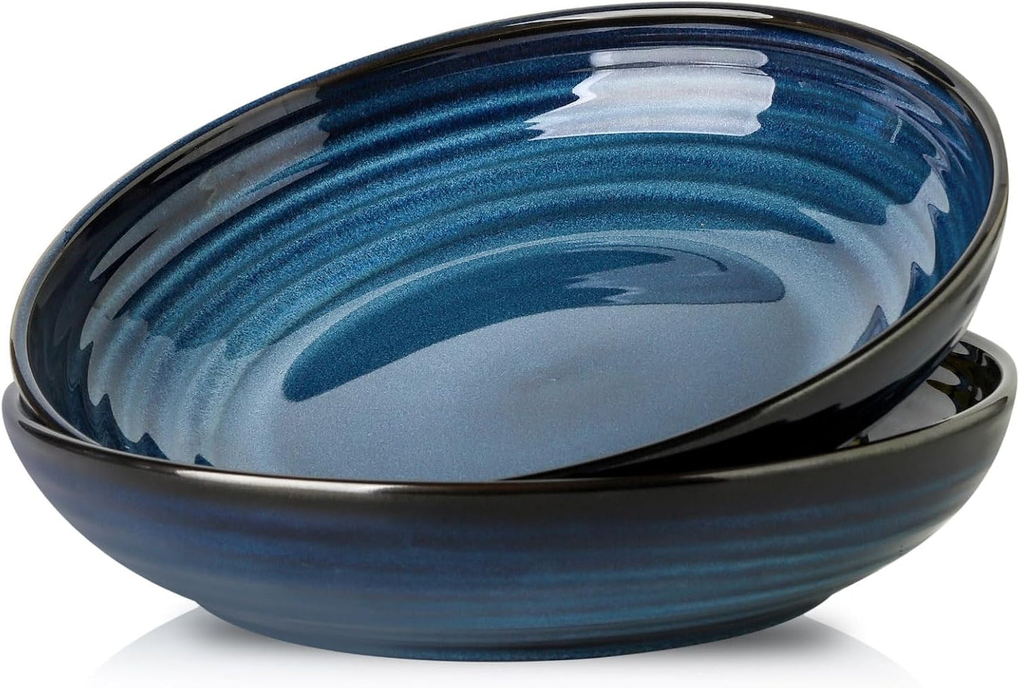 Hasense Large Pasta Bowls, 9.7 Inch Ceramic Salad Bowls for Kitchen, 49 oz Serving Dishes for Salad, Soup, Fruit, Pasta, Blue Shallow Dinner Plates Set of 2, Dishwasher Microwave Safe