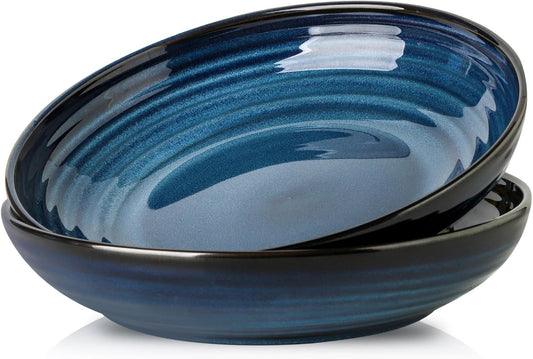 Hasense Large Pasta Bowls, 9.7 Inch Ceramic Salad Bowls for Kitchen, 49 oz Serving Dishes for Salad, Soup, Fruit, Pasta, Blue Shallow Dinner Plates Set of 2, Dishwasher Microwave Safe