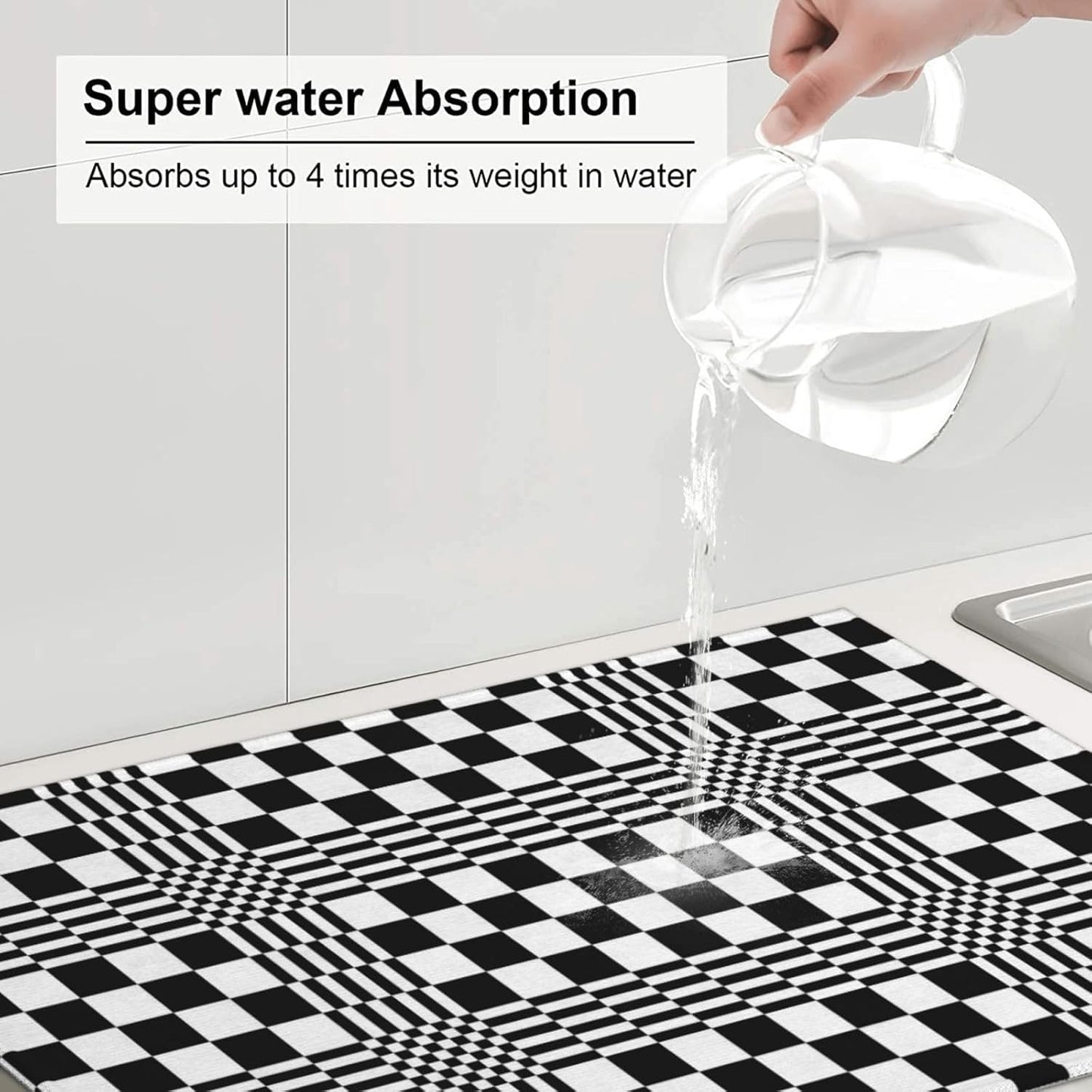Black White Checkered Optical Art Dish Drying Mats for Kitchen Counter & Sink, Absorbent Microfiber Drying Pad for Dishes, Reversible Modern Geometric Dish Drainer Rack Mats, Home Decor, 18" x 24"