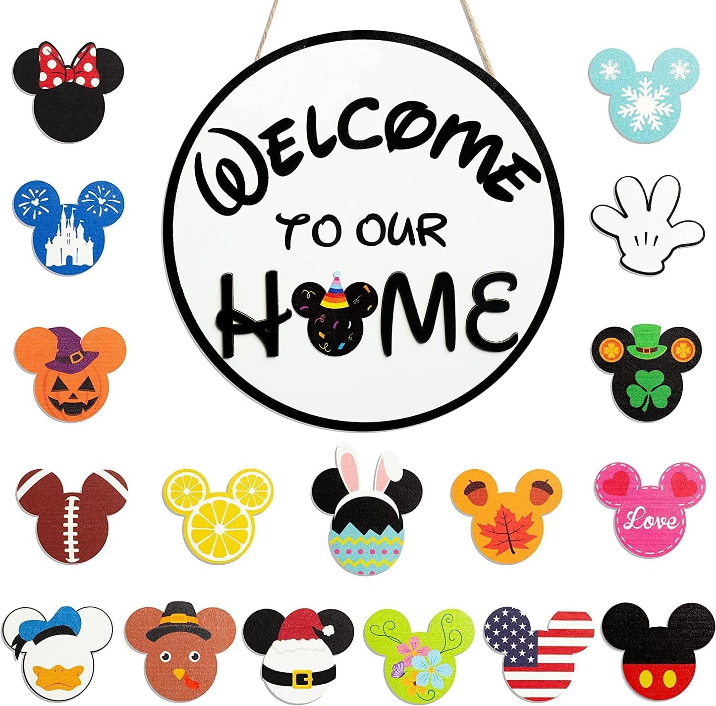 19Pcs Cute Mouse Interchangeable Seasonal Welcome Door Sign for Front Door Decor, Welcome to Our Home Sign with Interchangeable Holiday Pieces for Farmhouse/Wall/Porch Decor and Housewarming