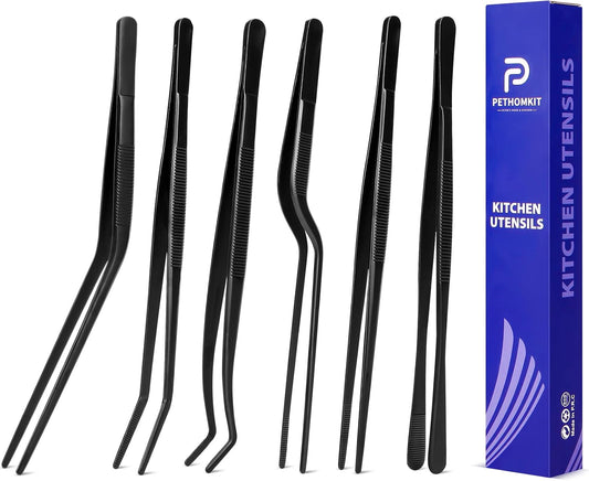 Kitchen Tweezer Tongs Set,6 Pcs Kitchen Tweezers,8" Cooking Tweezers Set,Stainless-Steel Food Chef Culinary Tweezers Tongs for Baking Decorating Feeding Plating,Black