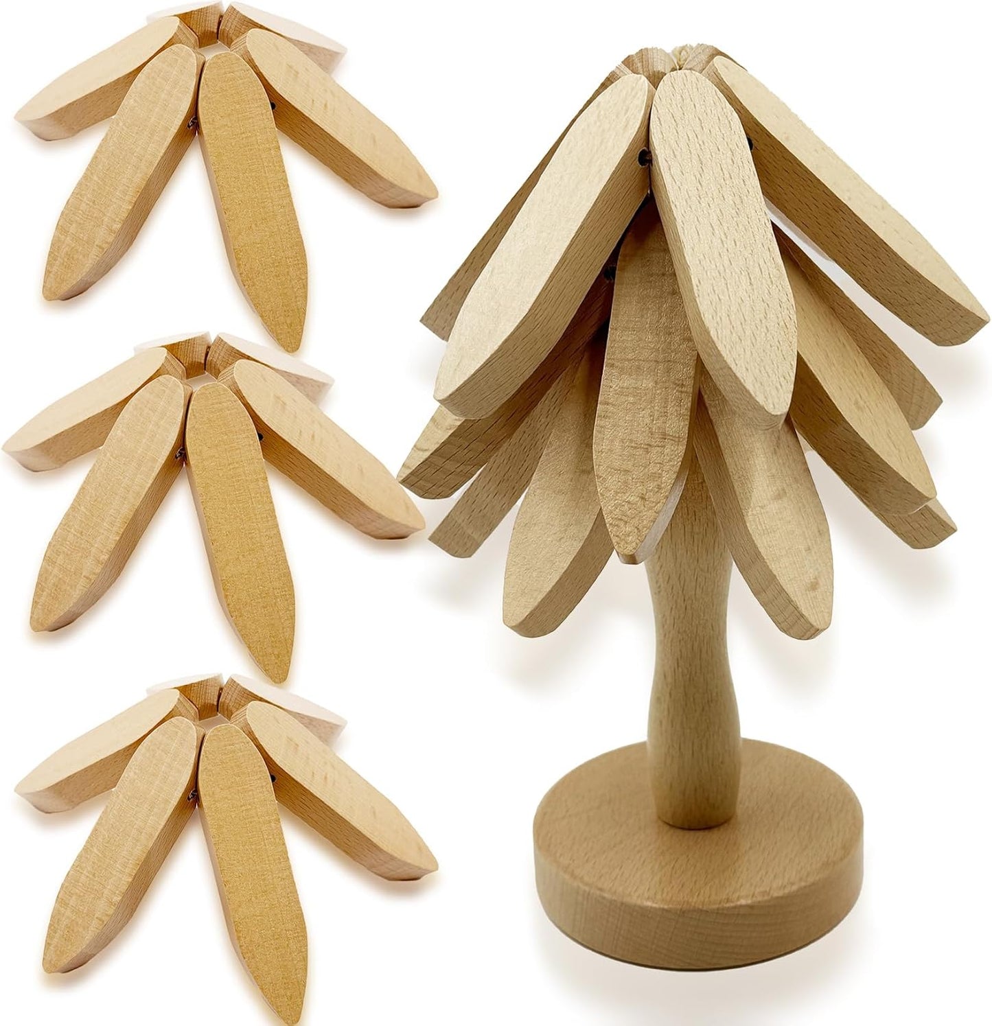 Cheardia Tree Trivet for Hot Dishes, Wooden Tree Shape Coasters Set, 3 Wooden Trivets and 1 Stand for Pot, Bowl, Teapot, Beech Wood