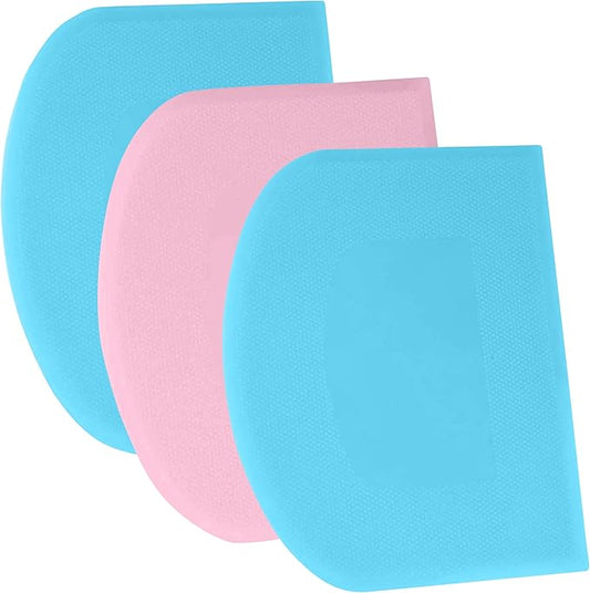 SURDOCA Dough Scraper Bench Scraper - 3P 8.3x5.5" Plastic Flexible Bowl Scraper, Sharp Edge & Angles Cake Scraper. Non-Slip Bakeware Decorating Tools Sculpting & Modeling Tools - Blue+Pink+Blue