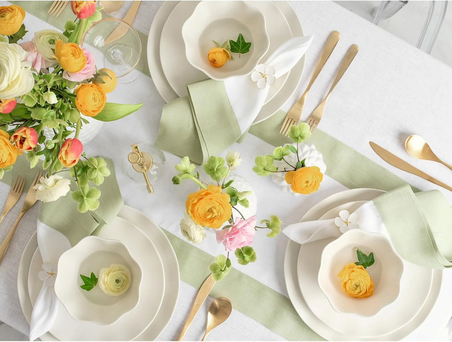 Solino Home Linen Table Runner 48 Inches - 100% Pure Linen Sage Green and White Table Runner 14 x 48 Inch Ideal for Dresser and Coffee Tables - Fall, Autumn, Thanksgiving, Christmas - Contempo