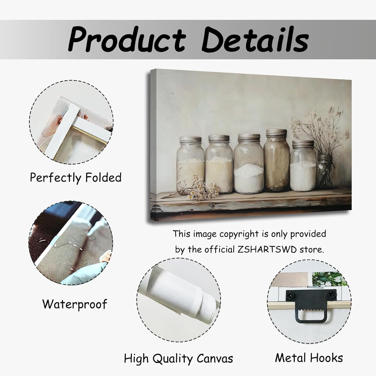 ZSHARTSWD Farm Kitchen Wall Art Country Mason Jar Spice Pictures Still Life Culinary Canvas Print Vintage Spices Food Painting Dining Room Home Decor Framed (Beige, 24.00" x 36.00")