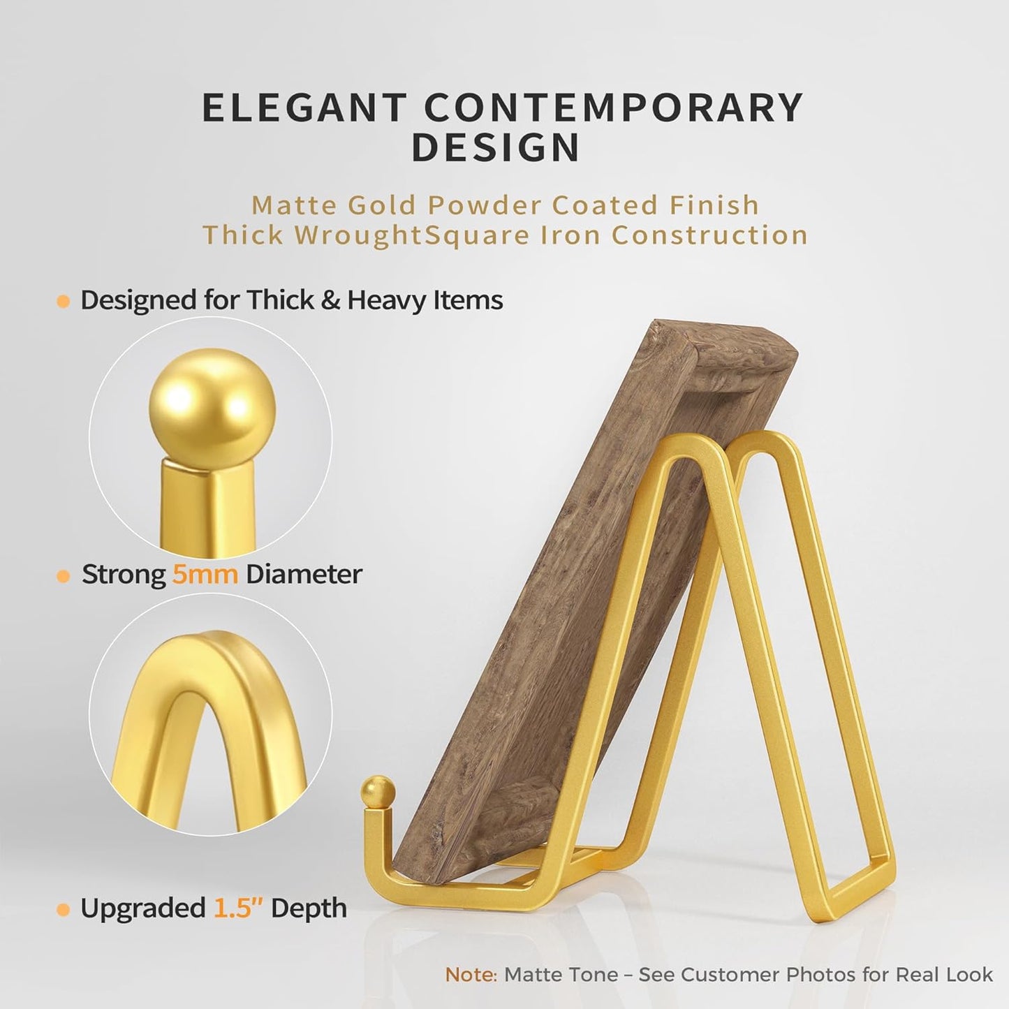 Metal Square Wire Plate Stands for Display - 4.5 Inch Holder + Picture Frame Stand Easel for Book, Decorative Plate, Plaque, Photo, Platter (Gold 2 Pack)