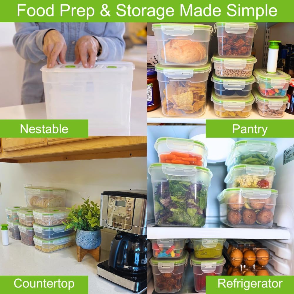 Lasting Freshness Vacuum Seal Food Storage Containers with Hand Pump – BPA-Free Plastic, Airtight Meal Prep & Leftovers Containers, Keep Food Fresh 5X Longer, 19-Piece Set