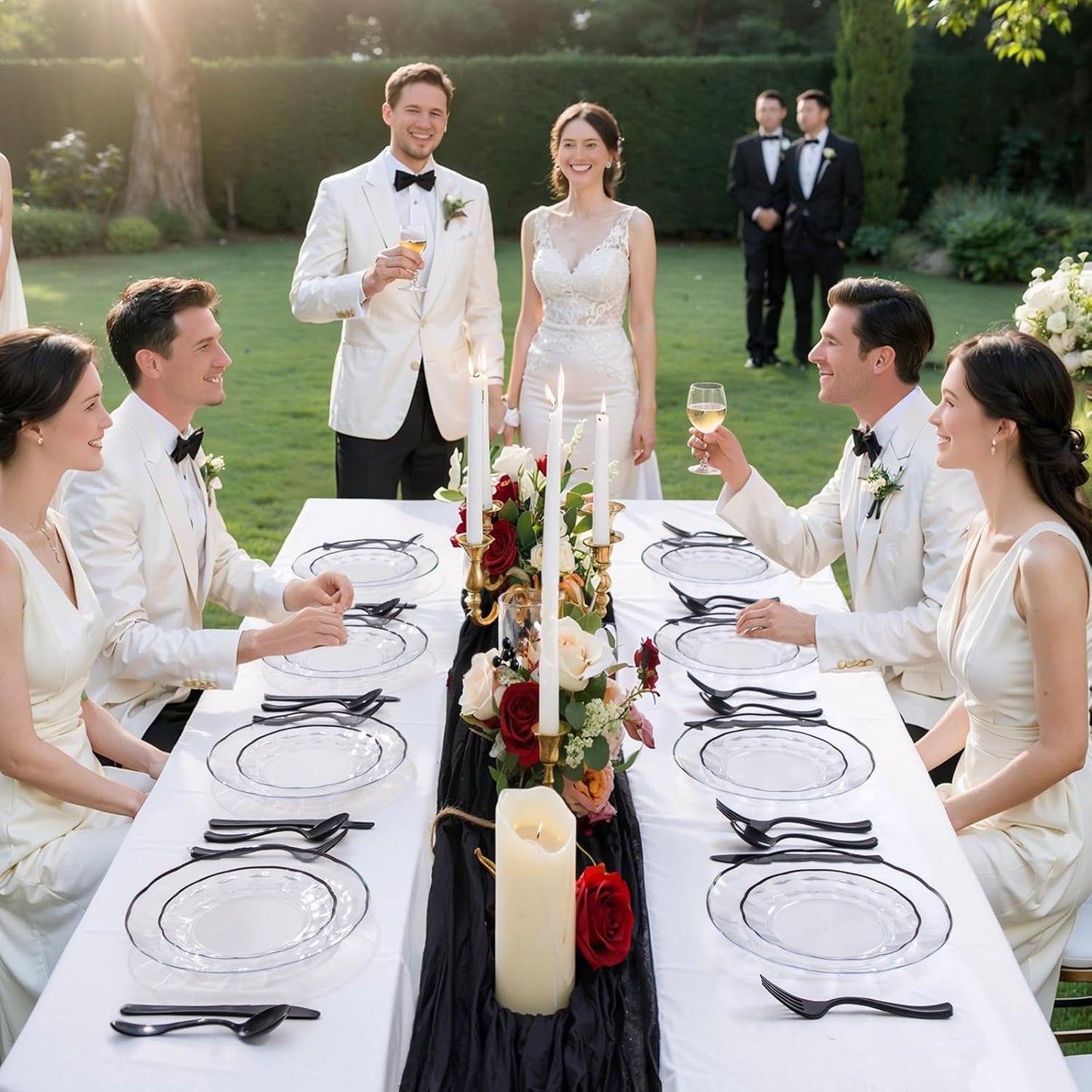 EI 150pcs Clear and Black Plastic Plates Dinnerware Disposable Party Set for 30Guests,Dinnerware Include 60 Clear Plates Disposable 90 Black Silverware,Perfect for Party&Halloween&Wedding