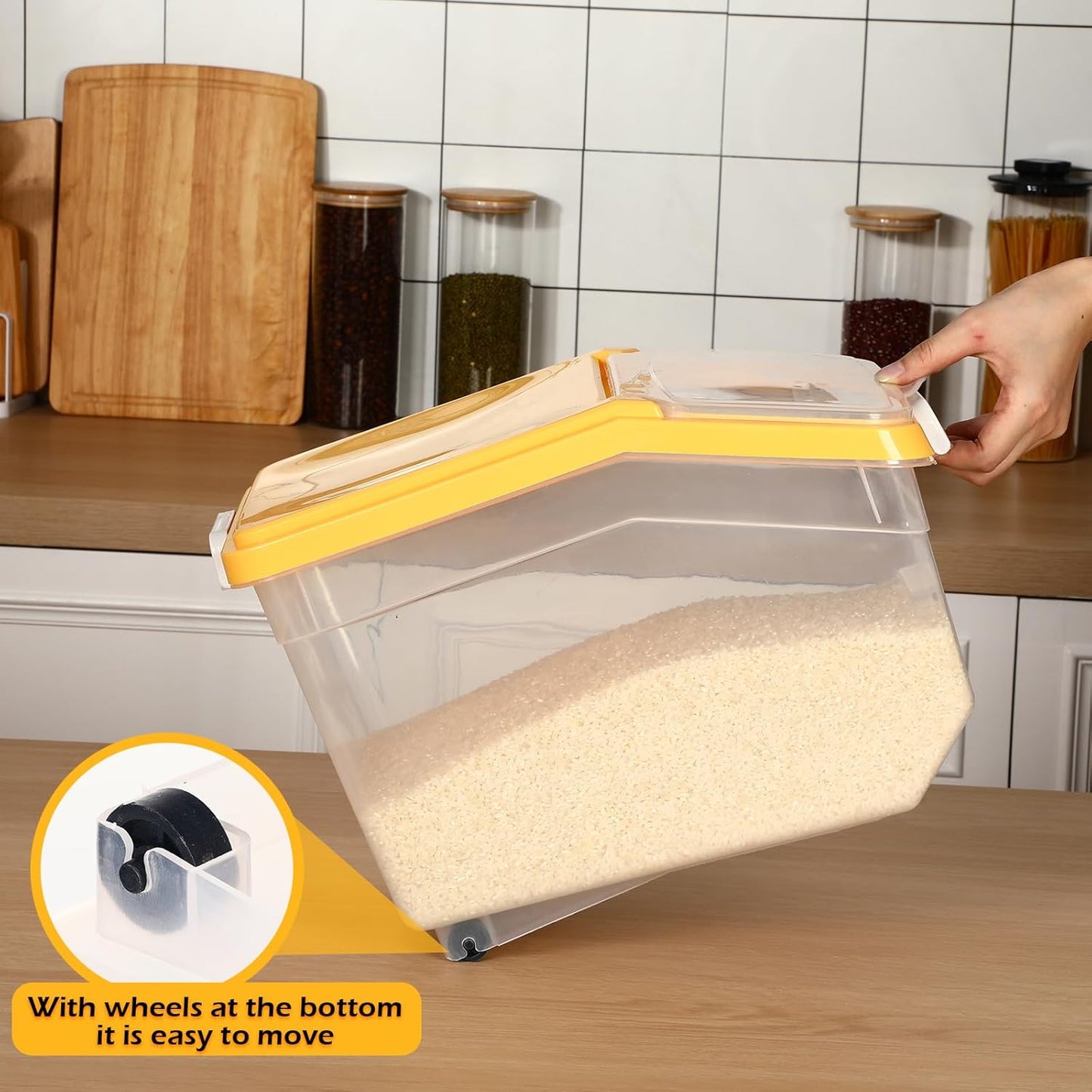 Sunnyray 4 Pcs Rice Storage Container 28 lb Airtight Flour Container with Wheels Measuring Cup Clear Pet Dog Birds Cat Food Bin Grain Cereal Organizer Box for Dry Baking Supplies(Yellow Lid)