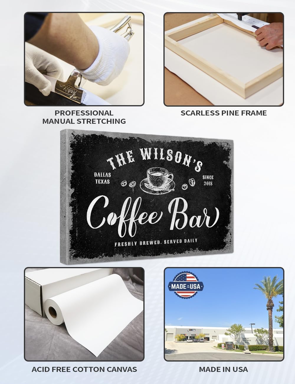 IPIC - Tailored Canvas Custom Coffee Bar Sign, Large Personalized Canvas Wall Art with Family Name, Farmhouse Style Wall Decor for Home Kitchen Bar, Made in USA